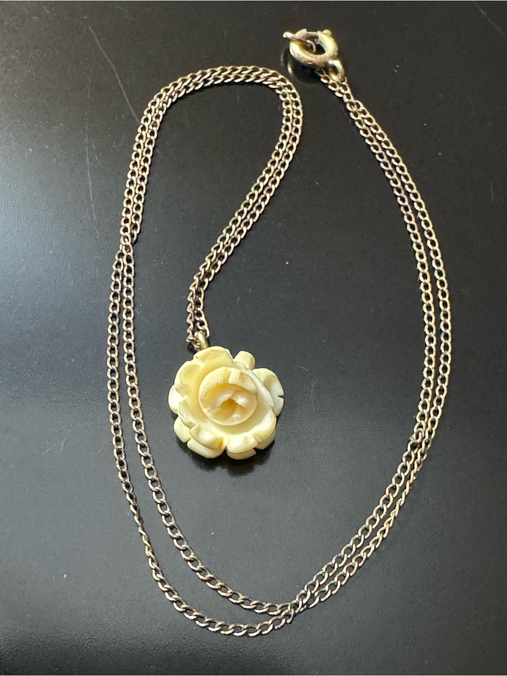 Vintage 12K Gold Filled Carved Rose Necklace 17” - Dainty Floral Pendant